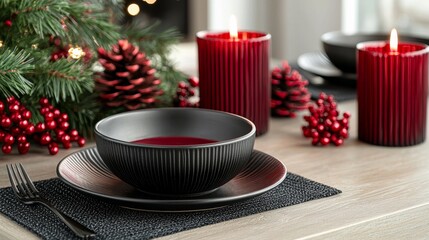 A festive dining setup featuring a black bowl, red candles, and decorative pinecones, surrounded by a Christmas tree ambiance.
