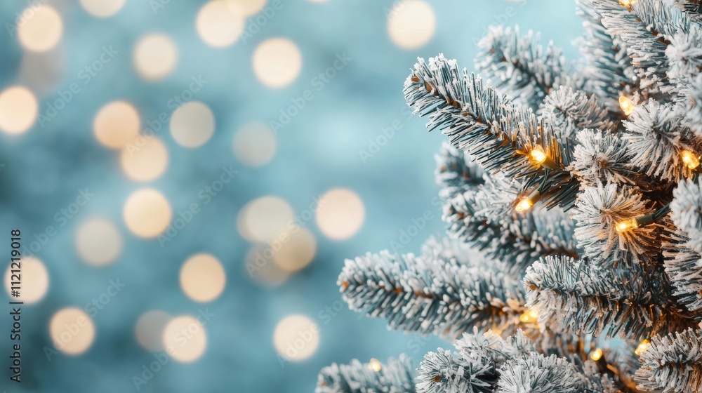 Poster a close-up of a frosted evergreen tree branch adorned with warm glowing lights, set against a soft, 