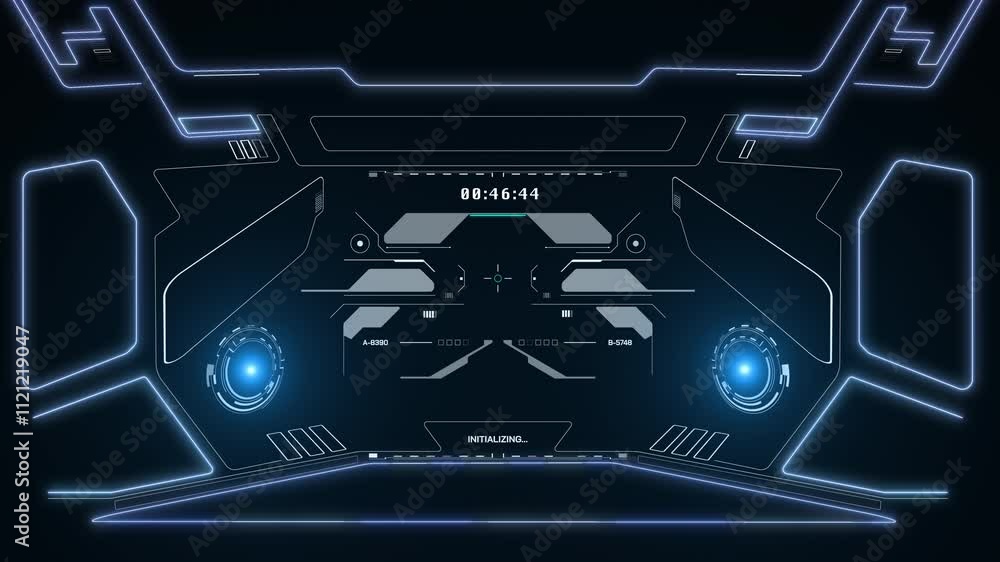 Poster HUD interface monitoring screen viewfinder system frame simulation. Virtual reality dynamic control data simulation 4K motion.