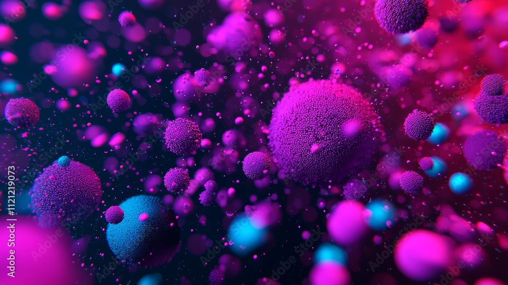Poster a vibrant, abstract representation of microscopic particles in shades of pink and blue, creating a d