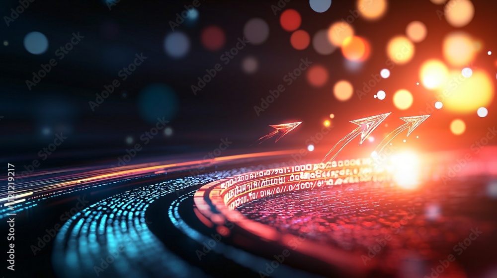 Poster dynamic abstract background with light trails and glowing circles.