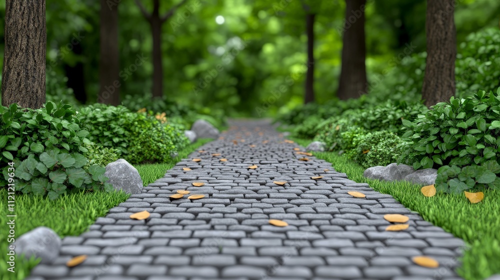 Poster cobblestone path through lush forest