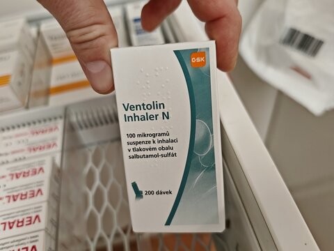 Prague,Czech republic-June 17 2024:VENTOLIN N box of inhalation medication with Salbutamol active substance by GSK,used for treatment of Asthma,COPD,Bronchospasm,Wheezing,Shortness of breath,inhaler	

