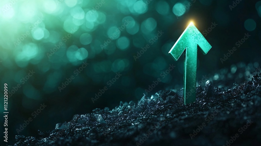 Poster emerging green arrow on a textured surface with a dreamy bokeh background.