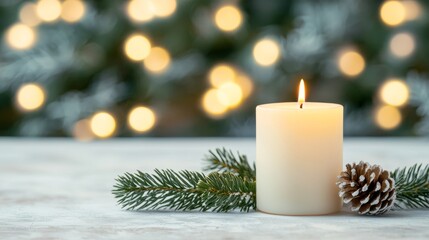 A serene candle surrounded by pine and a pinecone, set against a softly blurred festive background of glowing lights.