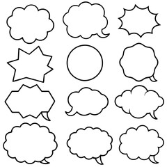 Collection of twelve diverse blank speech bubbles in various shapes and sizes, perfect for adding text or dialogue.