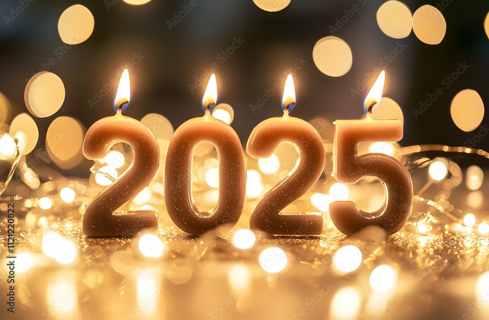 Aufkleber illuminated 2025 number candles on glittering surface with bokeh lights.