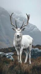 Obraz premium A majestic white deer with perfect antlers, on the mountain and beautiful rainy scenery