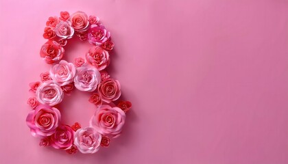 Fototapeta premium Pink Floral Number 8 Symbolizing International Women’s Day Celebration on March 8 Featuring Rose Arrangements on a Vibrant Pink Background, Perfect for Spring Themed Events and Feminine Design Project