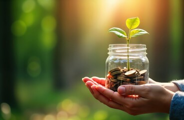 Hands hold jar with seedling, coins. Sustainable investment concept. Future growth, eco-friendly saving. Concept of nurture, care. Eco friendly economy, prosperity. Nature, finance. Growth,