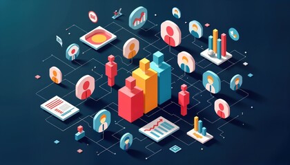 Colorful organizational chart visualizes business hierarchy, teamwork. Icons represent people, connectors illustrate relationships. Data visualizations like bar graphs show performance. Connections