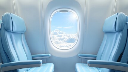 Fototapeta premium Airplane interior featuring two empty seats beside a window with a view of clouds and blue sky.