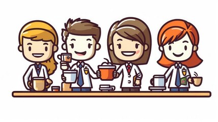 Obraz premium Four animated characters, diverse in appearance, joyfully preparing beverages in a bright, cheerful setting.