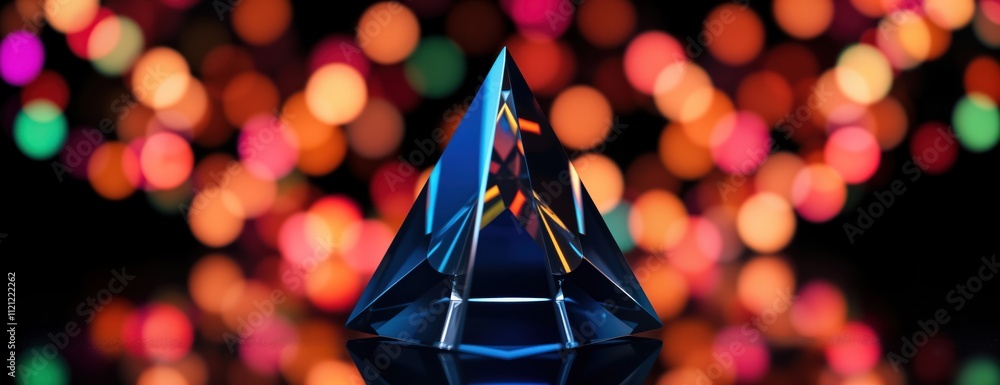 Poster crystal prism refracts light creating vibrant colours. abstract bokeh effect. shiny object on dark b