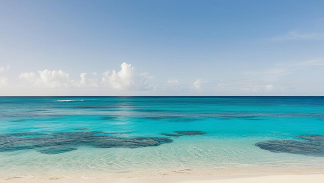 serene tropical beach with crystal clear turquoise water, white sand, and cloudless blue sky