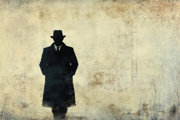 Silhouette of a mysterious man in a coat and fedora against a textured, vintage background.