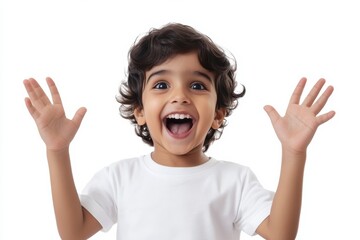 happy indian boy showing hands up on white background