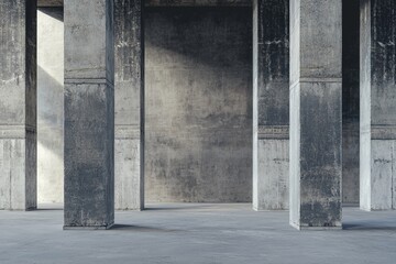 A dramatic composition of brutalist columns and structural elements set against a plain backdrop.Brutalism art.Brutalist design.Raw concrete.Brutalist architecture.
