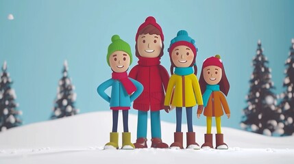 Naklejka premium Children embrace winter fun in snowy mountains sledding, skiing, and building snowmen together