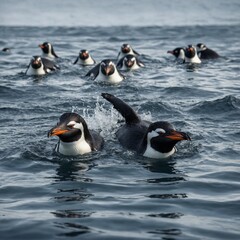 Obraz premium A group of penguins swimming swiftly through the freezing sea.