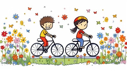 Two cheerful children, a boy and a girl, riding their bikes through a vibrant flower-filled landscape.