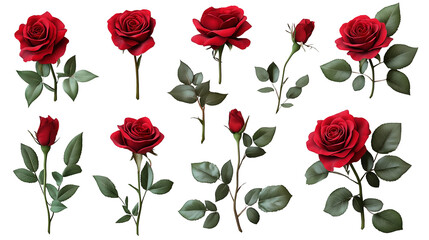 collection of red roses in various stages of bloom, isolated on a white background. The image highlights the beauty, elegance, and symbolism of roses