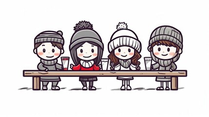 A cheerful group of four animated friends, enjoying a cozy winter gathering with drinks in hand.