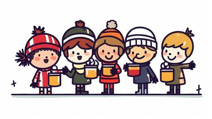 Fototapeta premium A diverse group of five cheerful children holding warm drinks, dressed in colorful winter attire, with a festive vibe.