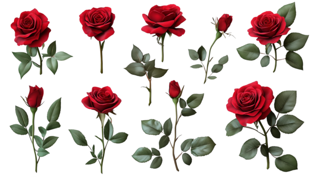 collection of red roses in various stages of bloom, isolated on a white background. The image highlights the beauty, elegance, and symbolism of roses - Powered by Adobe