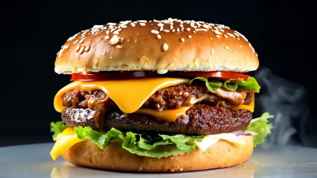 Fresh juicy cheeseburger on a dark background. This mesmerizing close-up of a cheeseburger invites you to indulge in its layers of flavor, from the crisp bun to the melted cheese and succulent patty.