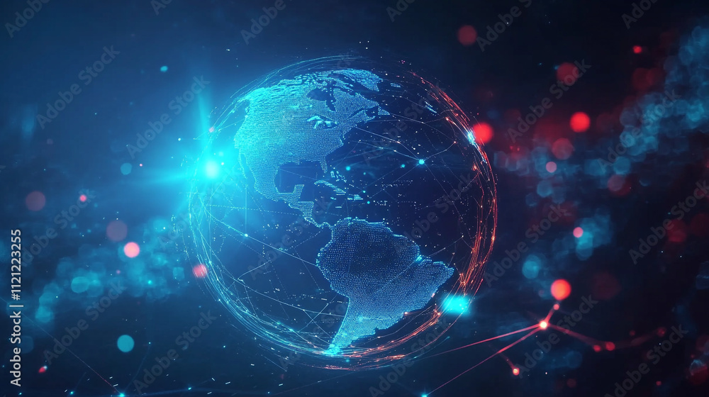 Poster internet connection world map with neon light effects, internet, business, technology and network co