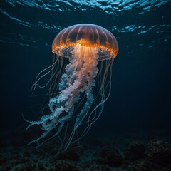 A jellyfish glowing faintly as it moves through the darkening sea.
