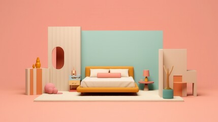 A modern, stylish bedroom scene with pastel colors, featuring a cozy bed and minimalist furniture elements.