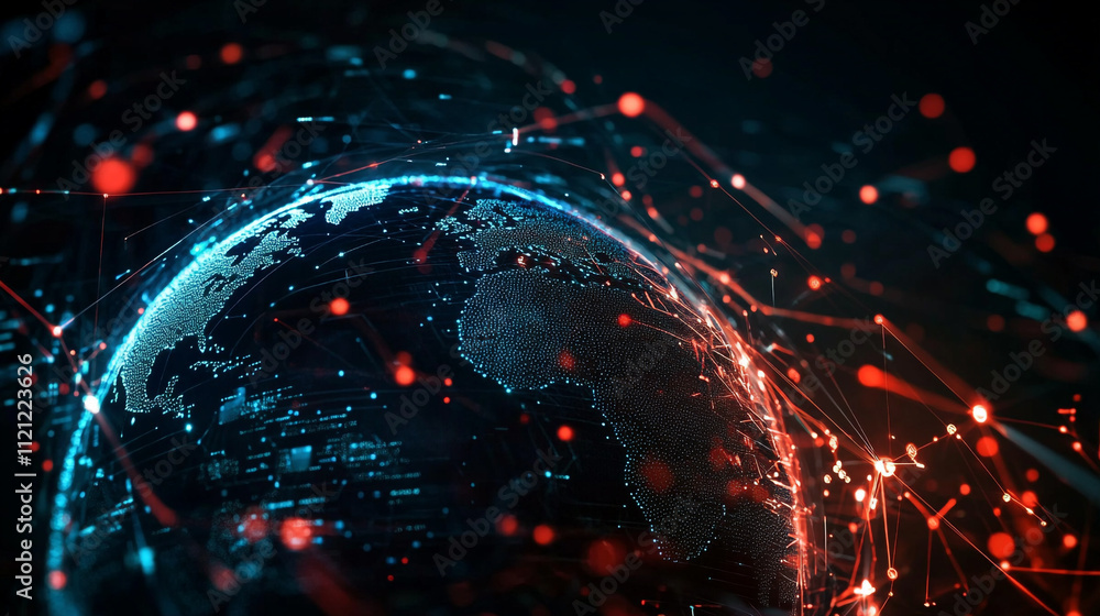 Poster internet connection world map with neon light effects, internet, business, technology and network co