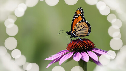 Fototapeta premium vibrant monarch butterfly rests on purple coneflower, surrounded by soft bokeh effect, creating serene and enchanting scene