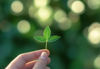 A Close-Up of a Single Green Leaf Held Delicately Between Fingers Against a Soft-Focused Background of Natural Green Bokeh for Nature and Growth Themes