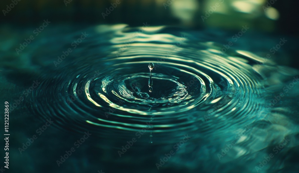 Poster a close-up view of water droplet creating circular ripples on smooth surface, capturing the beauty o