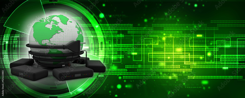 Poster 3d rendering fiber optical cable with modem