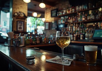 A Cozy Bar Scene Featuring a Glass of White Wine and a Beer on the Counter Surrounded by a Vibrant Selection of Bottles and Warm Lighting in a Rustic Setting