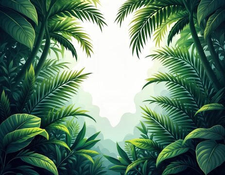 Dense rich forest scenery. Vivid green jungle landscape. Rainforest foliage with tropical leaves. Ideal for fantasy wallpaper. Dark, mysterious jungle ambiance. Summer rain in wild bush. Exotic