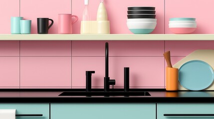 A modern kitchen scene featuring stylish black and pastel-colored dishware against a pink backdrop.