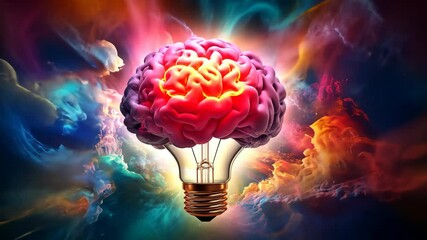 Colorful brain shaped lamp symbolizes creativity and innovation against a vibrant cosmic background