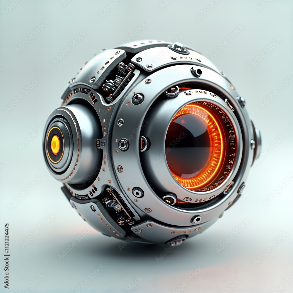 Poster futuristic metallic sphere resembling robotic eye. complex tech design with glowing circuitry. high-