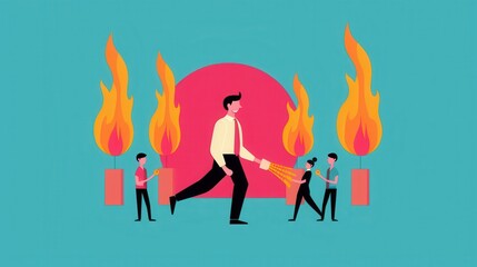 A male professional confidently walks away from chaos, holding a fire extinguisher as coworkers seek his help.