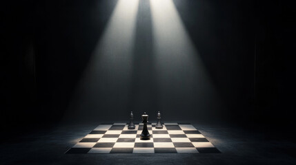 Obraz premium Chessboard in black space under spotlight, with carefully arranged black and white pieces casting dramatic, elongated shadows, creating a tense, eerie atmosphere with distorted, ominous shapes.