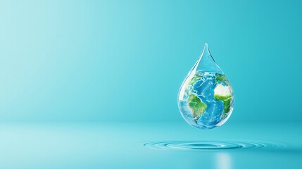 A water droplet encapsulates the Earth, symbolizing environmental awareness and conservation.