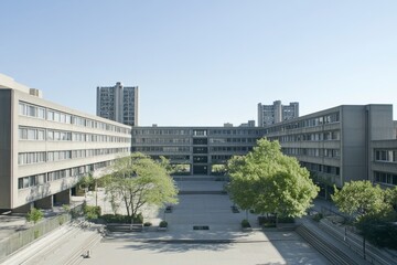 Brutalist architecture.Brutalism art.Brutalist design.Raw concrete.A panoramic view of a brutalist architectural complex with clear, open spaces between buildings