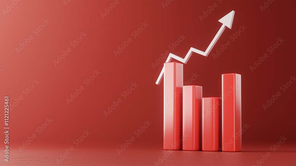Poster growth chart with rising bars and an upward arrow on a solid red background.