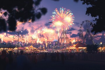 Naklejka premium Colorful fireworks illuminate a lively fairground at dusk during summer festivities