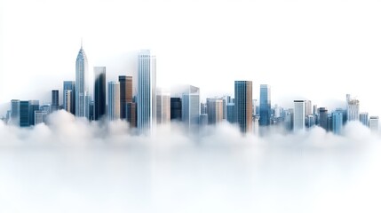 Obraz premium An urban landscape with skyscrapers in the fog, a modern metropolis with high-rise buildings above the clouds. Minimalistic architectural look with a haze effect.